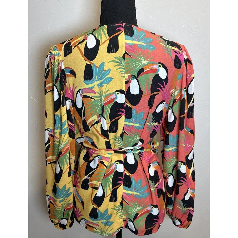 Farm Rio for Anthropologie Rainforest Toucan Wrap Blouse Size XS Beaded Tassel